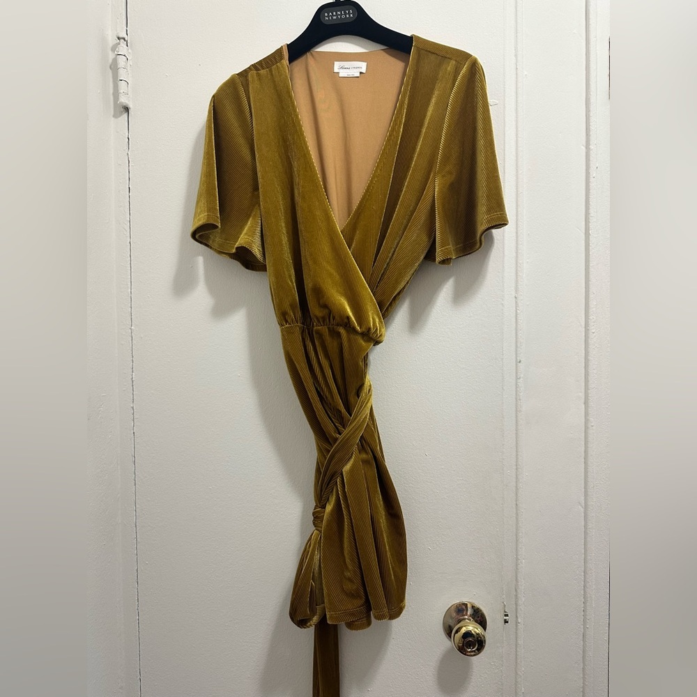 Layla Lovers + Friends Revolve Mini Dress Velvet Wrap in Gold Mustard - Picture 4 of 5